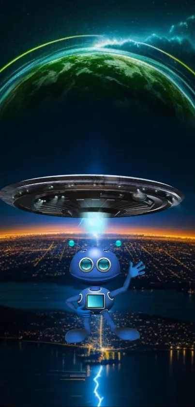 Futuristic alien world wallpaper with UFO and glowing night cityscape.