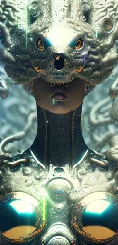 Futuristic android with metallic design in a captivating sci-fi setting.