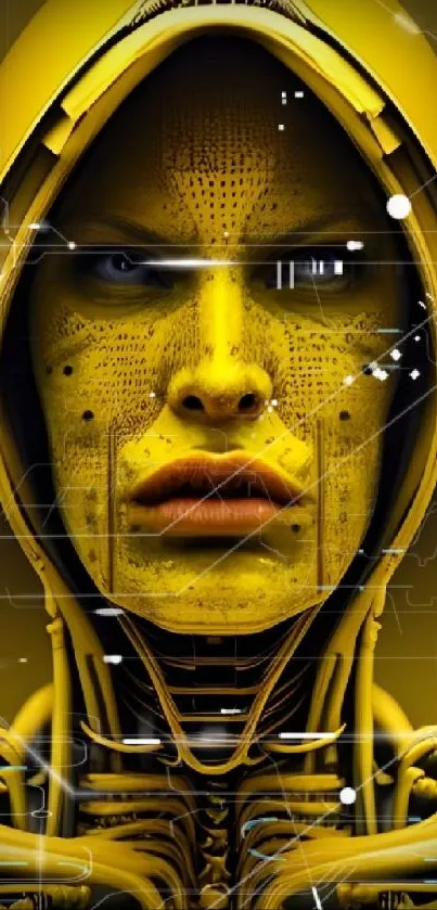 Futuristic yellow android head artwork on mobile wallpaper