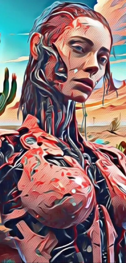 Futuristic android in vibrant desert scene wallpaper.