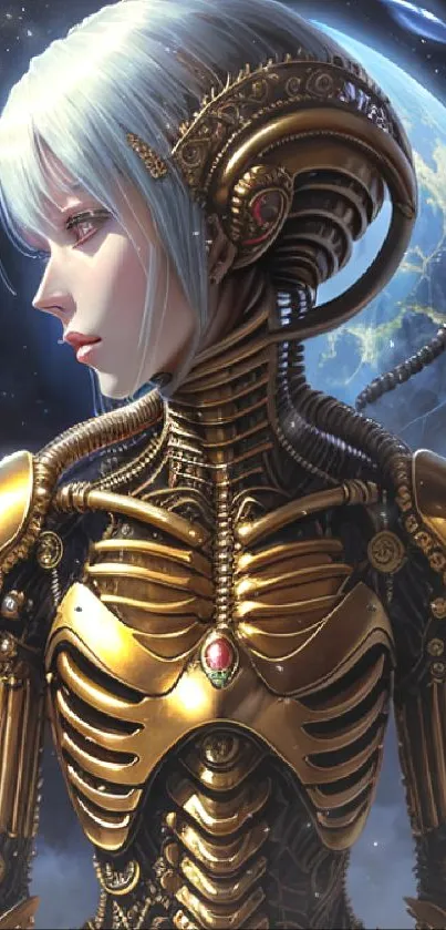 Futuristic android with gold armor in cosmic background.