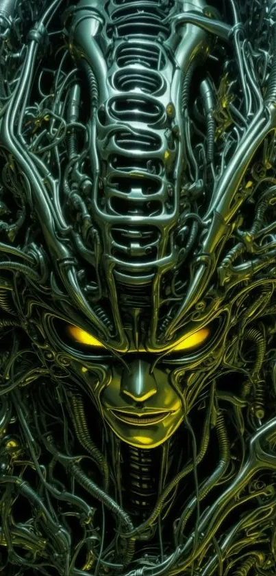 Futuristic wallpaper featuring an android face with intricate metallic design.
