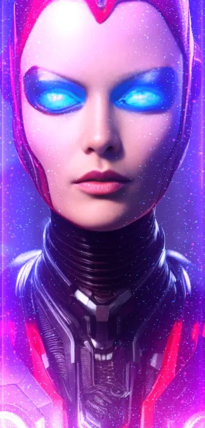 Futuristic android female with neon lights and cosmic background.