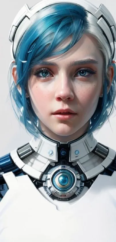 Futuristic android girl with blue hair and tech details in digital art style.