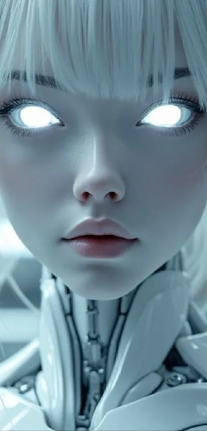 Futuristic anime robot girl with glowing eyes in a digital setting.