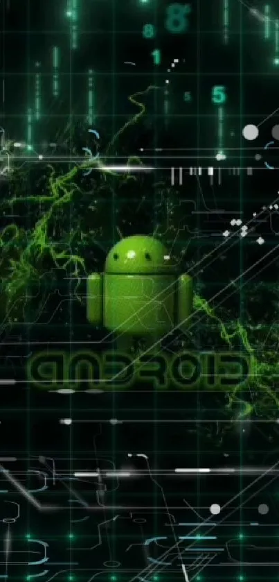 Futuristic Android wallpaper with neon green grids and digital patterns.