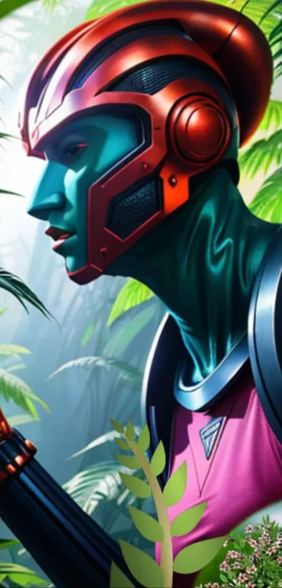 Futuristic android in lush jungle setting with vibrant colors.