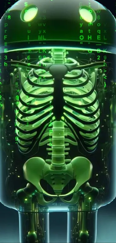 Glowing green android with skeleton design in futuristic style.