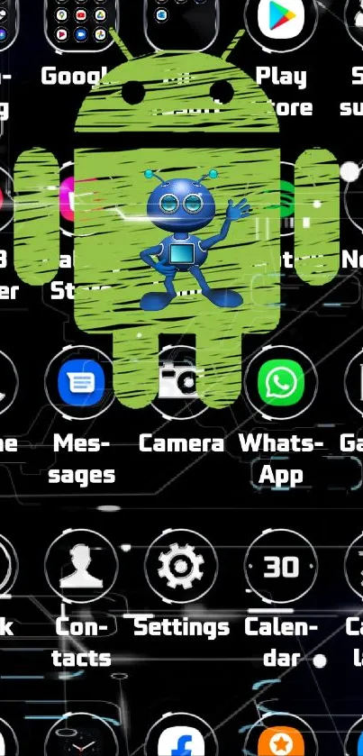 Green Android-themed wallpaper with futuristic design and digital icons.