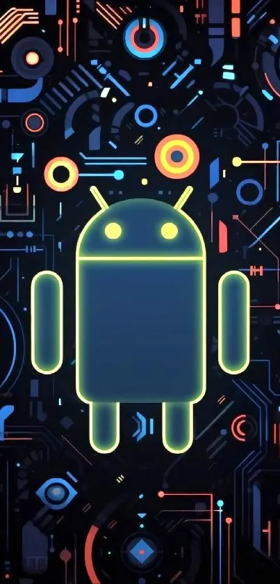 Futuristic Android wallpaper with neon circuit design.