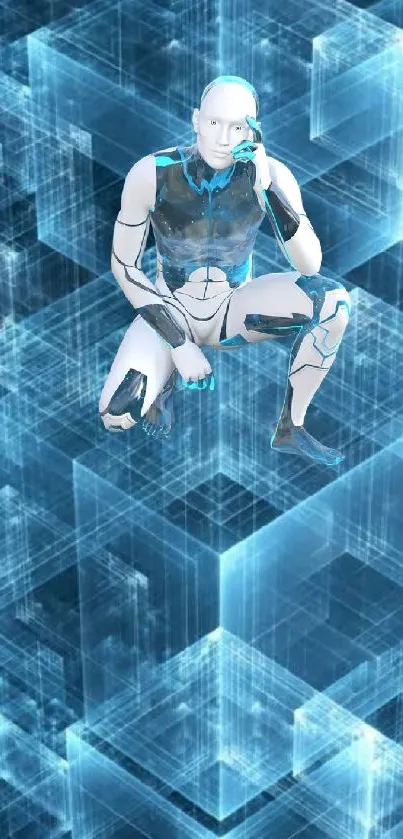 Futuristic android on glowing blue cubes wallpaper.