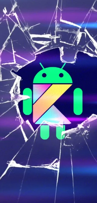 Futuristic neon Android logo with shattered glass on a purple background.