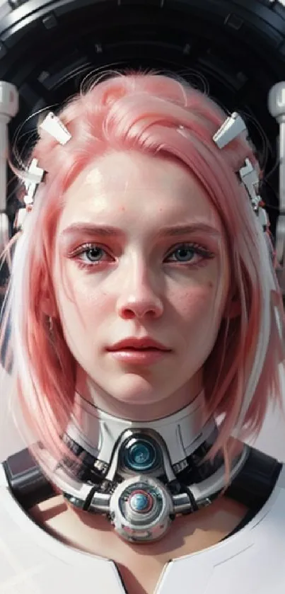 Futuristic woman with pink hair, android themed wallpaper.