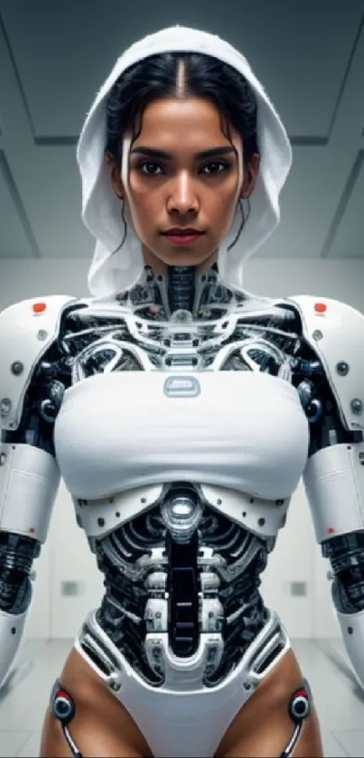 Futuristic android woman with robotic design in a high-tech setting.