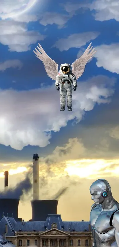 Astronaut with wings floating above futuristic city with robot