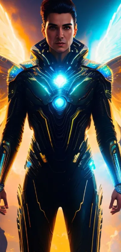 Futuristic angel with glowing wings on mobile wallpaper.