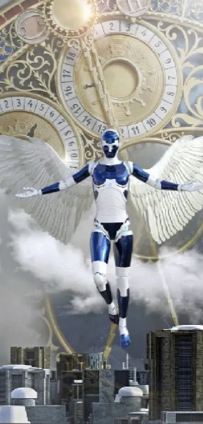 Futuristic angel robot flying above cityscape with clock and hot air balloon.