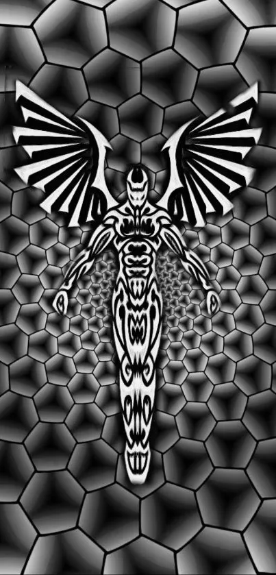 Futuristic angel with wings and hexagonal pattern in black and white.