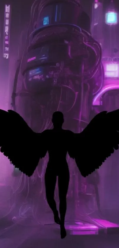 Silhouette of a winged figure in a neon-lit futuristic cityscape.