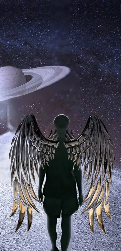 Angel with wings in space, near a planet, under a starry sky.