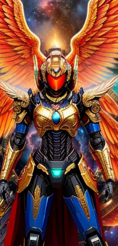 Futuristic warrior with orange wings and cosmic background.
