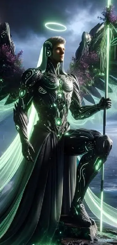 Futuristic angelic warrior in neon armor with glowing staff and halo.