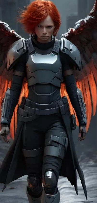 Futuristic angel warrior with fiery wings in a sci-fi setting.