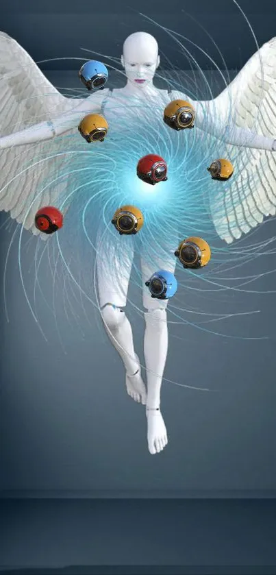 Futuristic angel with mechanical wings, surrounded by robotic spheres.