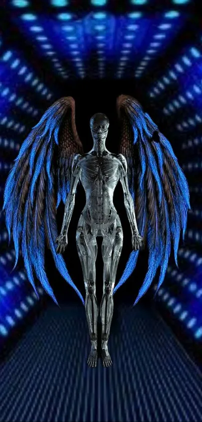 Futuristic angelic figure with wings in blue digital space.