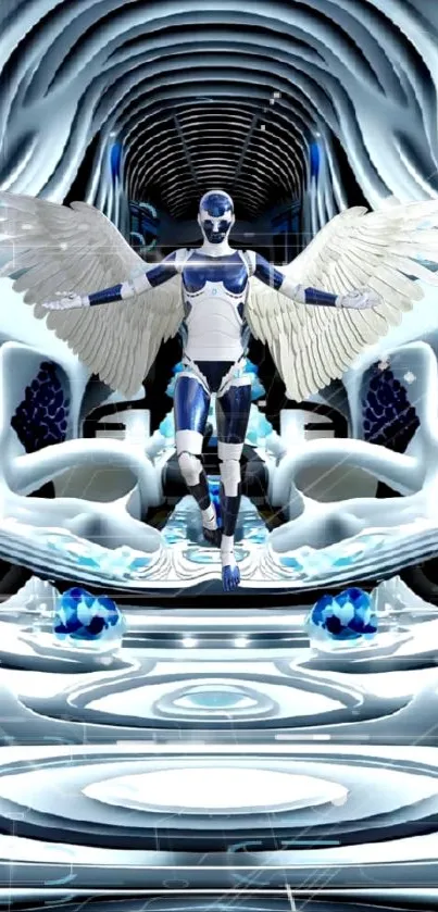 Futuristic angelic robot with wings in a digital realm.