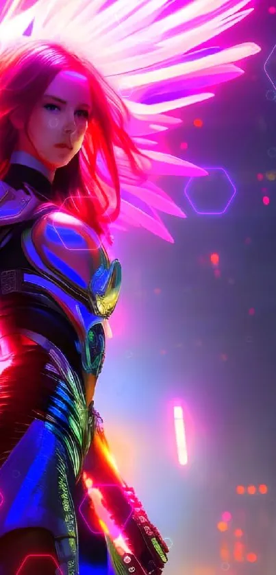 Futuristic angelic warrior with neon pink wings and vibrant background.