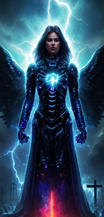 Futuristic angel with glowing blue aura and wings.