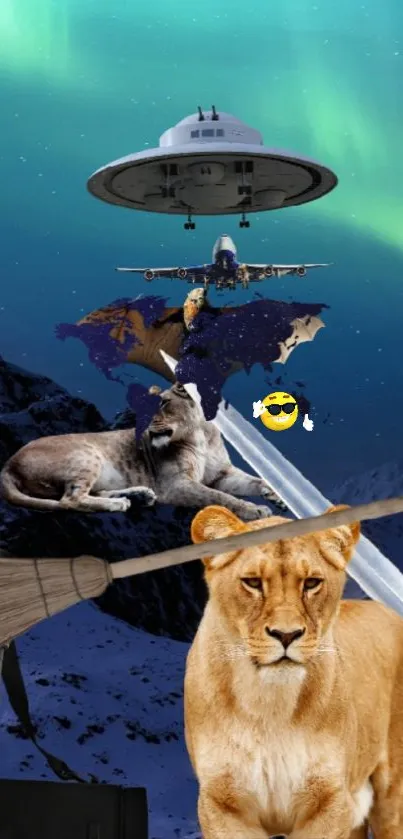 Futuristic fantasy wallpaper with lions, UFO, and aurora borealis.