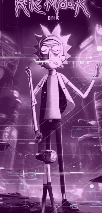 Futuristic cityscape with animated character in purple hue.