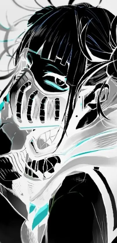 Futuristic anime character with mask in aqua, black, and white colors.