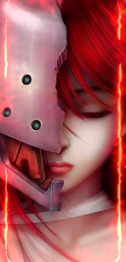 Futuristic anime character with red hair and metallic helmet.