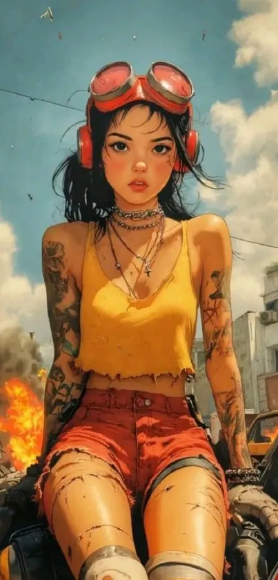 Anime biker girl in a futuristic cityscape with explosions.