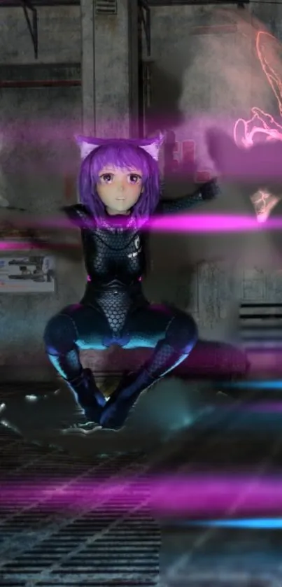 Anime catgirl with purple hair and neon lights in a futuristic setting.