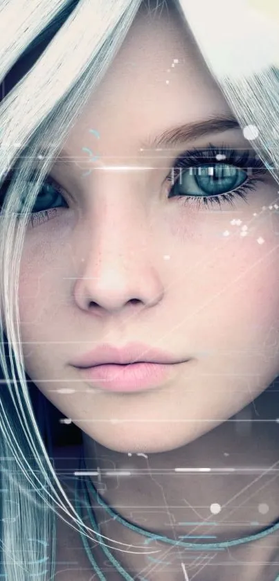 Futuristic anime character with striking blue eyes and digital design elements.