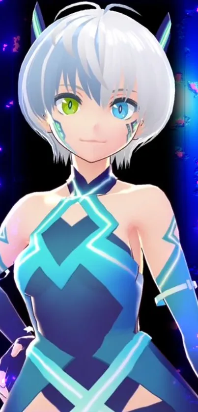 Futuristic anime character with neon highlights on a vibrant blue background.