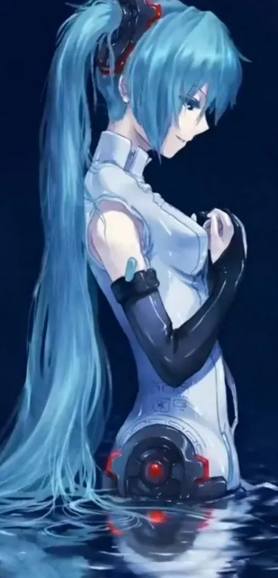 Anime character with blue hair and high-tech suit in water.