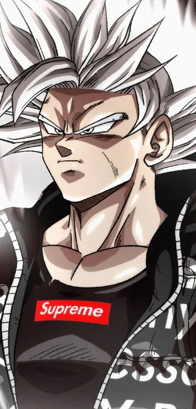 Anime character with silver hair in edgy urban jacket.