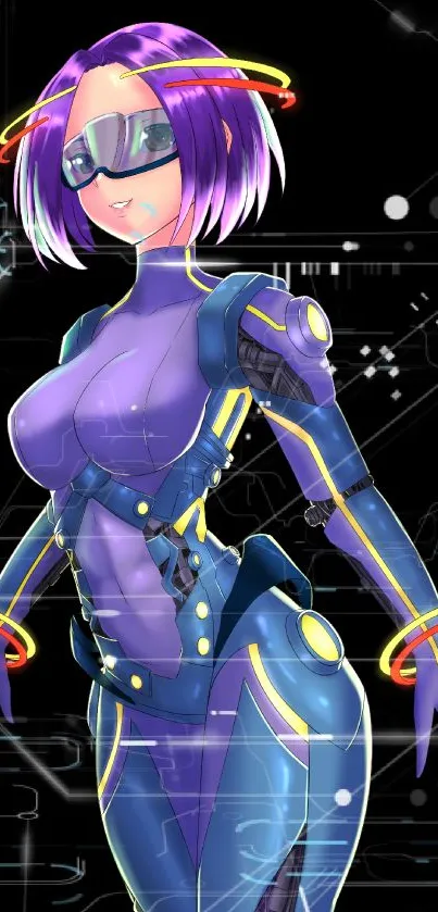 Futuristic anime character with vibrant colors and a technology-inspired outfit.