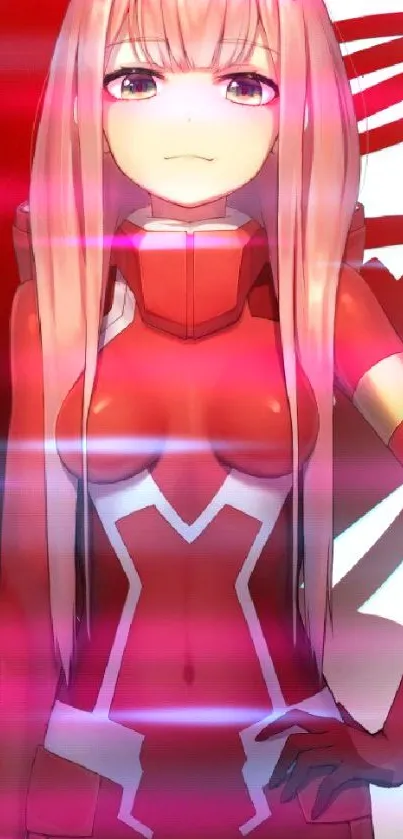 Futuristic anime character in red suit with dynamic pose and vibrant colors.