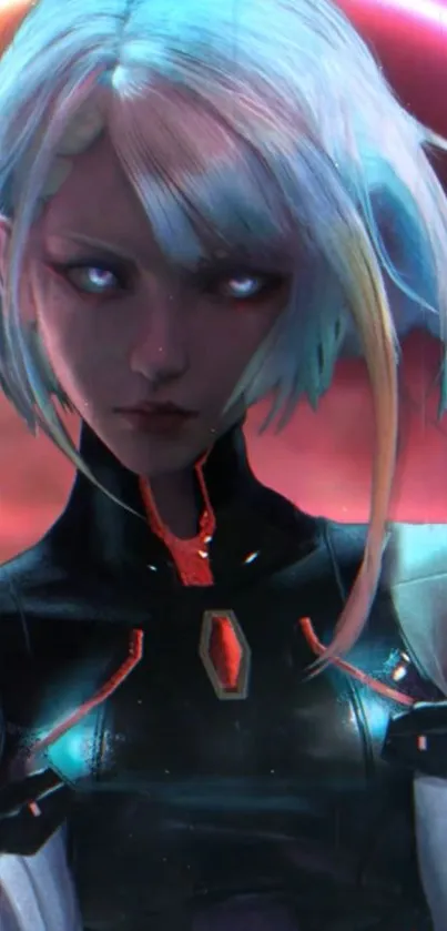 Futuristic anime character with light blue hair and vivid colors.