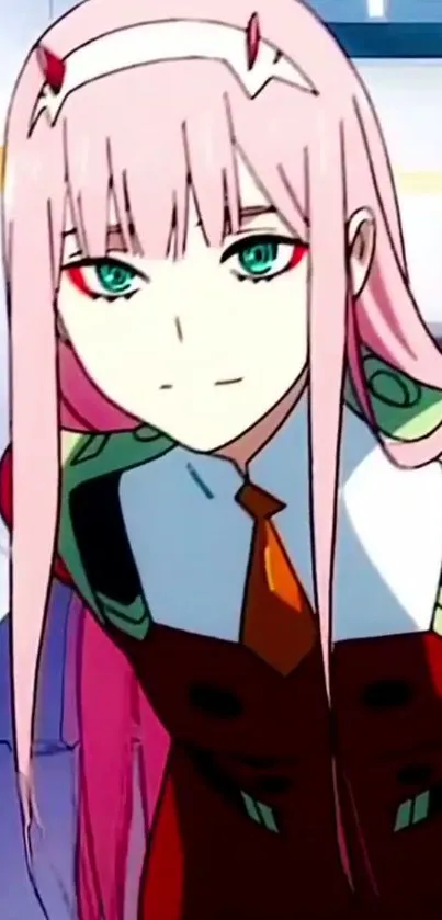 Anime character with pink hair and green armor, gazing forward.