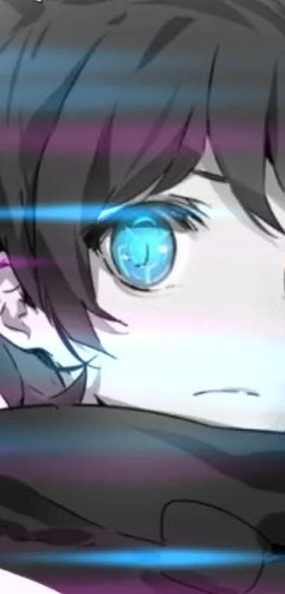 Anime character with glowing blue eyes and cool tone lighting.