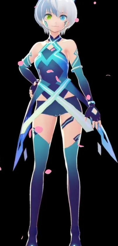 Futuristic anime character with blue attire and pink accents on a black background.