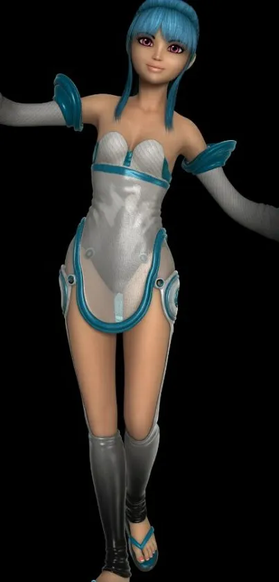 Anime character with blue hair and futuristic outfit.