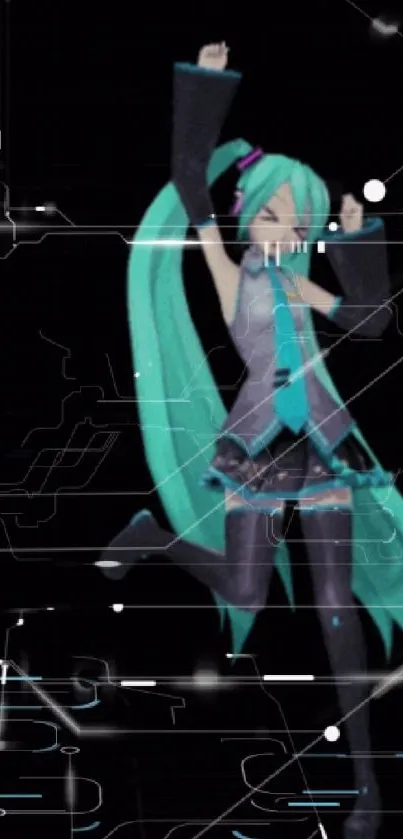 Futuristic anime character with teal hair on black digital backdrop.